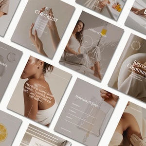 May include: A collection of lifestyle and wellness-themed promotional images. The images feature text such as "Checklist", "Join our Community", and "Hydration IV Drip". The color palette is neutral with soft lighting.