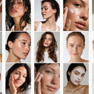 Pode incluir: Uma colagem de quinze imagens com mulheres com pele radiante. Algumas est&atilde;o aplicando produtos de cuidados com a pele, enquanto outras exibem uma tez natural e &uacute;mida. As imagens destacam rotinas de cuidados com a pele e produtos de beleza, enfatizando um brilho saud&aacute;vel.