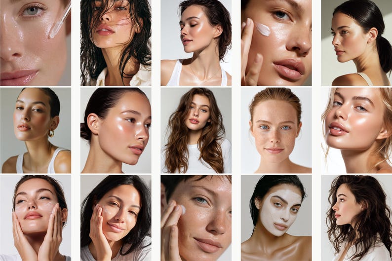 Pode incluir: Uma colagem de quinze imagens com mulheres com pele radiante. Algumas est&atilde;o aplicando produtos de cuidados com a pele, enquanto outras exibem uma tez natural e &uacute;mida. As imagens destacam rotinas de cuidados com a pele e produtos de beleza, enfatizando um brilho saud&aacute;vel.