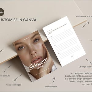 May include: A skincare routine template with a woman's face on the cover. The text "Your Skincare Routine" is displayed. The image also includes a blank form and Canva customization options.