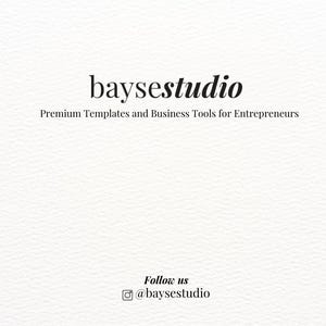 K&ouml;nnte beinhalten: Ein wei&szlig;er Hintergrund mit dem Wort "baysestudio" in einer eleganten, dunklen Schrift. Darunter steht "Premium Templates and Business Tools for Entrepreneurs." Am unteren Rand steht "Follow us" mit einem Instagram-Handle.