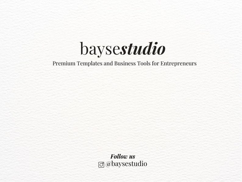 K&ouml;nnte beinhalten: Ein wei&szlig;er Hintergrund mit dem Wort "baysestudio" in einer eleganten, dunklen Schrift. Darunter steht "Premium Templates and Business Tools for Entrepreneurs." Am unteren Rand steht "Follow us" mit einem Instagram-Handle.