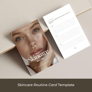 Può includere: Un modello di scheda di routine per la cura della pelle con il volto di una donna e le parole "Your Skincare Routine". Una seconda scheda ha delle righe per scrivere. Le schede sono bianche con sfondo beige. Il testo "Your Brand" è in alto.