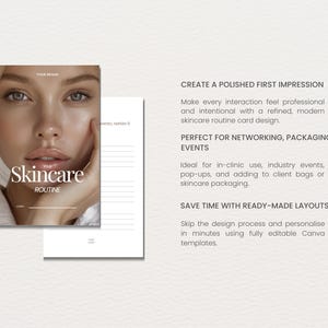 May include: A skincare routine card design featuring a woman's face with the text "Skincare Routine". The card is designed to create a polished first impression and is perfect for networking, packaging, and events.