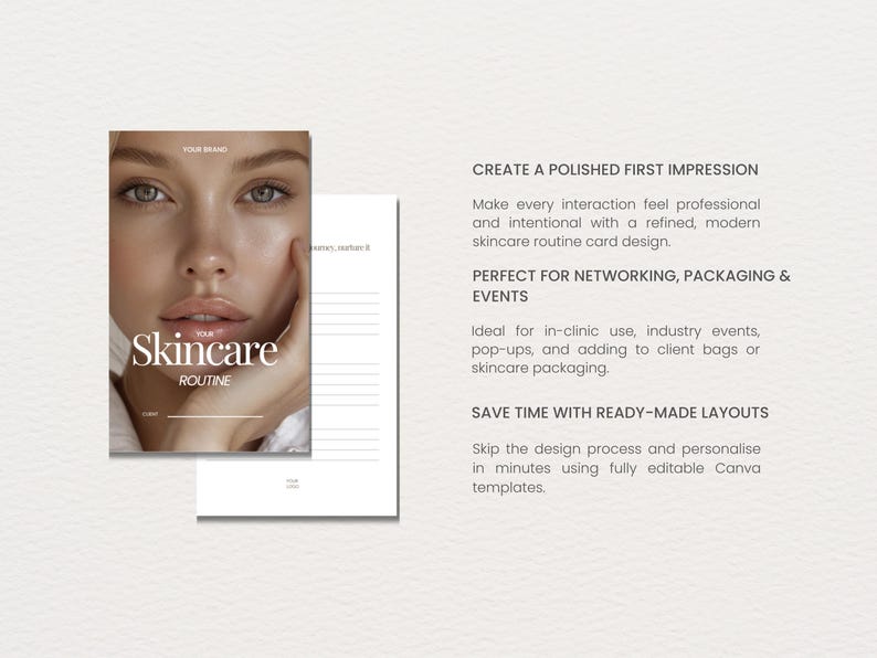 May include: A skincare routine card design featuring a woman's face with the text "Skincare Routine". The card is designed to create a polished first impression and is perfect for networking, packaging, and events.
