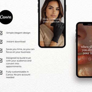 K&ouml;nnte beinhalten: Eine digitale Marketingvorlage auf einem Smartphone-Bildschirm mit dem Canva-Logo. Der Bildschirm zeigt den Text "How to choose your injector?" und "When should you dissolve your lips?" mit Aufz&auml;hlungszeichen und Text, der die Funktionen der Vorlage beschreibt.