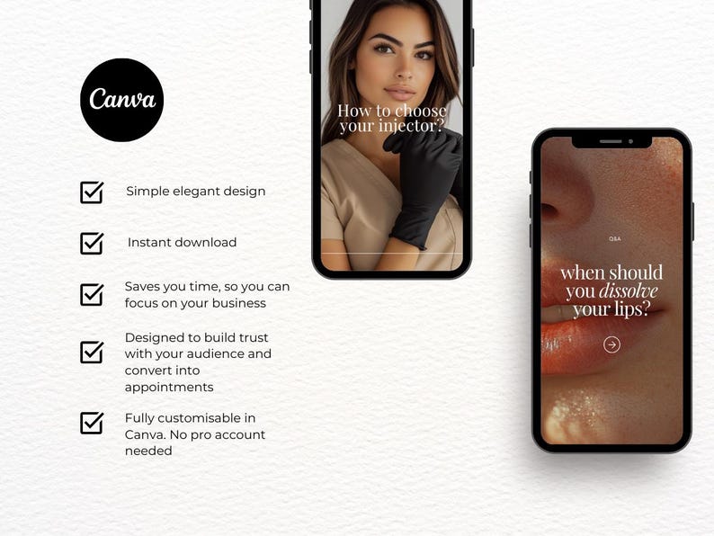 K&ouml;nnte beinhalten: Eine digitale Marketingvorlage auf einem Smartphone-Bildschirm mit dem Canva-Logo. Der Bildschirm zeigt den Text "How to choose your injector?" und "When should you dissolve your lips?" mit Aufz&auml;hlungszeichen und Text, der die Funktionen der Vorlage beschreibt.