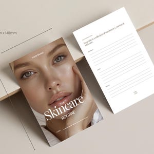 May include: A skincare routine journal with a woman's face on the cover. The journal is 105mm x 148mm and features the text "Your Skincare Routine". A second journal page with lines for notes is also visible.