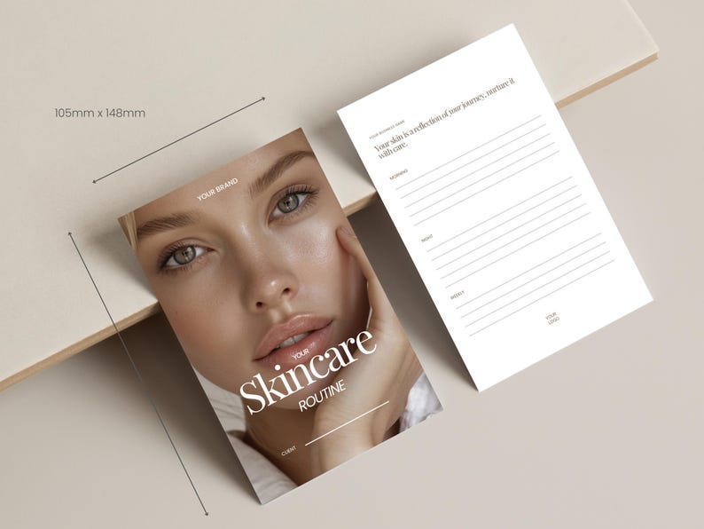 May include: A skincare routine journal with a woman's face on the cover. The journal is 105mm x 148mm and features the text "Your Skincare Routine". A second journal page with lines for notes is also visible.