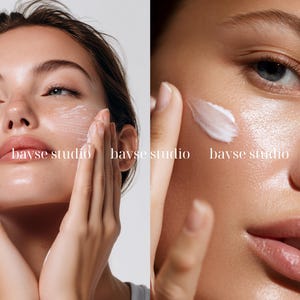 Pode incluir: Duas imagens mostrando uma pessoa aplicando creme branco no rosto. A imagem da esquerda mostra a pessoa com creme no rosto, e a imagem da direita mostra um close-up da pessoa aplicando creme. O texto "bayse studio" est&aacute; na imagem.