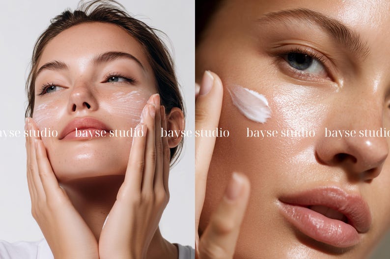 Pode incluir: Duas imagens mostrando uma pessoa aplicando creme branco no rosto. A imagem da esquerda mostra a pessoa com creme no rosto, e a imagem da direita mostra um close-up da pessoa aplicando creme. O texto "bayse studio" est&aacute; na imagem.