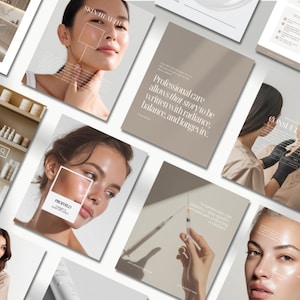 May include: A collection of promotional materials for a skincare clinic. The images feature women with radiant skin, product displays, and text overlays. The color palette is neutral, with beige and white tones.