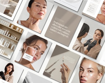 Può includere: Una raccolta di materiali promozionali per una clinica di cura della pelle. Le immagini presentano donne con pelle radiosa, espositori di prodotti e sovrapposizioni di testo. La tavolozza dei colori è neutra, con toni beige e bianco.