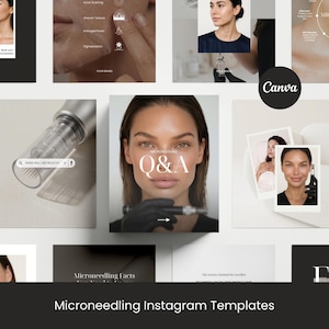 May include: A collection of digital social media templates for microneedling services, featuring various layouts with photographic imagery of skin treatments, a microneedling pen, text overlays including Q&A, and the Canva logo on a white background.
