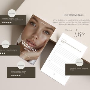 May include: A promotional image featuring a skincare routine guide with a woman's face, testimonials, and the text "Skincare Routine." Testimonials include five-star ratings and positive feedback.