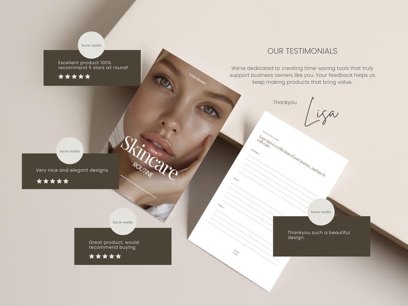 May include: A promotional image featuring a skincare routine guide with a woman's face, testimonials, and the text "Skincare Routine." Testimonials include five-star ratings and positive feedback.