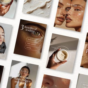 May include: A selection of promotional materials for a skincare or cosmetic service. The images include close-ups of faces, product containers, and text such as "Price List", "PRP", and "Benefits of Sculptra". The colour palette is neutral with a focus on skin tones.
