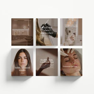 Peut inclure: Six images carrées avec du texte et des photographies. Les images présentent du texte tel que "Not all injectors are the same", "What I see when I assess a face" et "Subtle, balanced results".