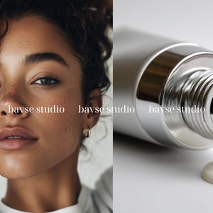 Pode incluir: Um close-up do rosto de uma mulher com sardas e um tubo prateado dispensando creme branco. O tubo est&aacute; inclinado, mostrando o produto fluindo. A imagem tem uma est&eacute;tica limpa e minimalista.