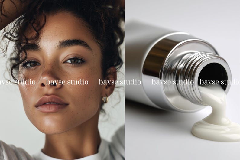 Pode incluir: Um close-up do rosto de uma mulher com sardas e um tubo prateado dispensando creme branco. O tubo est&aacute; inclinado, mostrando o produto fluindo. A imagem tem uma est&eacute;tica limpa e minimalista.
