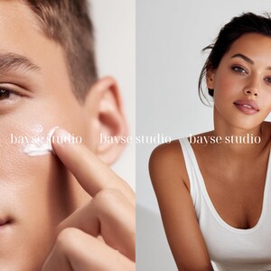 Pode incluir: Uma imagem dividida mostrando uma pessoa aplicando creme branco no rosto e uma pessoa vestindo uma regata branca. O texto "bayse studio" &eacute; repetido em toda a imagem.