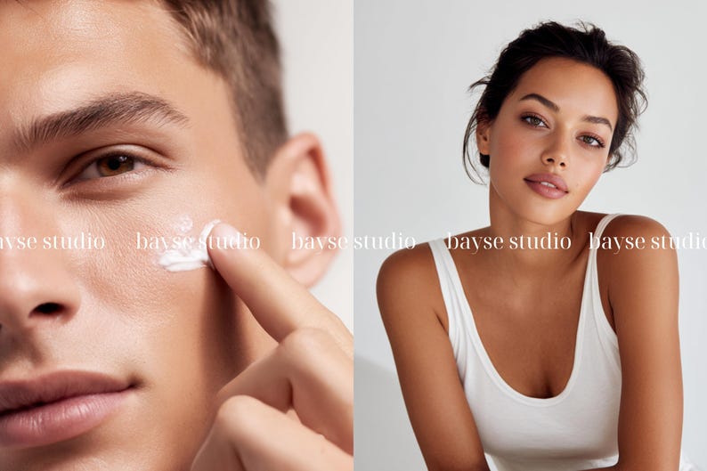 Pode incluir: Uma imagem dividida mostrando uma pessoa aplicando creme branco no rosto e uma pessoa vestindo uma regata branca. O texto "bayse studio" &eacute; repetido em toda a imagem.