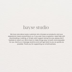 May include: Cream-colored background with the text "bayse studio" in a simple, elegant font. Below, a message emphasizes customer care, support, and ease of use, encouraging contact for assistance and thanking customers for their support.