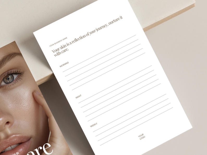 May include: A white skincare journal with lined pages for daily, morning, night, and weekly entries. The journal includes the text "Your skin is a reflection of your journey, nurture it with care." A beauty product is visible in the background.