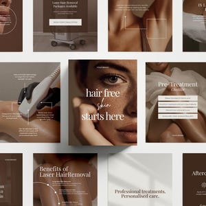 Op de afbeelding: Een collage van promotiemateriaal voor laserontharing. De afbeeldingen bevatten tekst als "hair free skin starts here", "Pre-Treatment Checklist" en "Aftercare Essentials". Het kleurenpalet is voornamelijk bruin en wit.