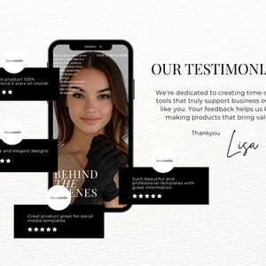 K&ouml;nnte beinhalten: Ein Smartphone zeigt ein Frauenbild mit Kundenbewertungen. Die Testimonials sind in schwarzen K&auml;sten mit wei&szlig;em Text und Sternbewertungen. Der Hintergrund ist ein strukturiertes Off-White. Text: 'UNSERE TESTIMONIALS'.
