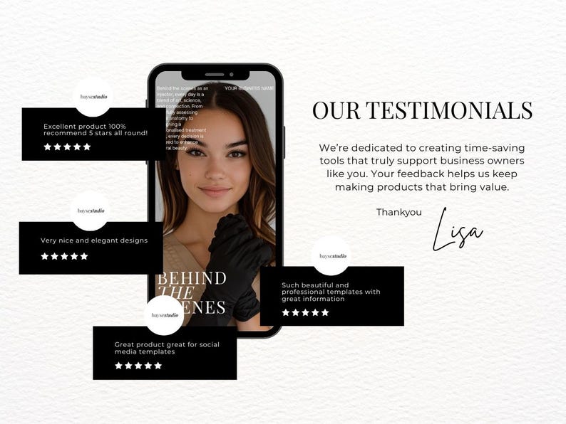 K&ouml;nnte beinhalten: Ein Smartphone zeigt ein Frauenbild mit Kundenbewertungen. Die Testimonials sind in schwarzen K&auml;sten mit wei&szlig;em Text und Sternbewertungen. Der Hintergrund ist ein strukturiertes Off-White. Text: 'UNSERE TESTIMONIALS'.