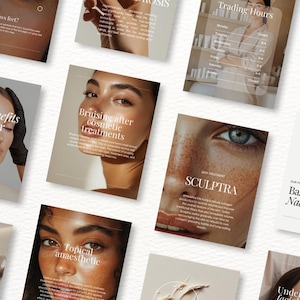 K&ouml;nnte beinhalten: Eine Sammlung von Werbekarten mit Informationen zu Sch&ouml;nheitsbehandlungen. Die Karten zeigen Nahaufnahmen von Gesichtern und Text wie "What are crows feet?", "Bruising after cosmetic treatments" und "SCULPTRA".