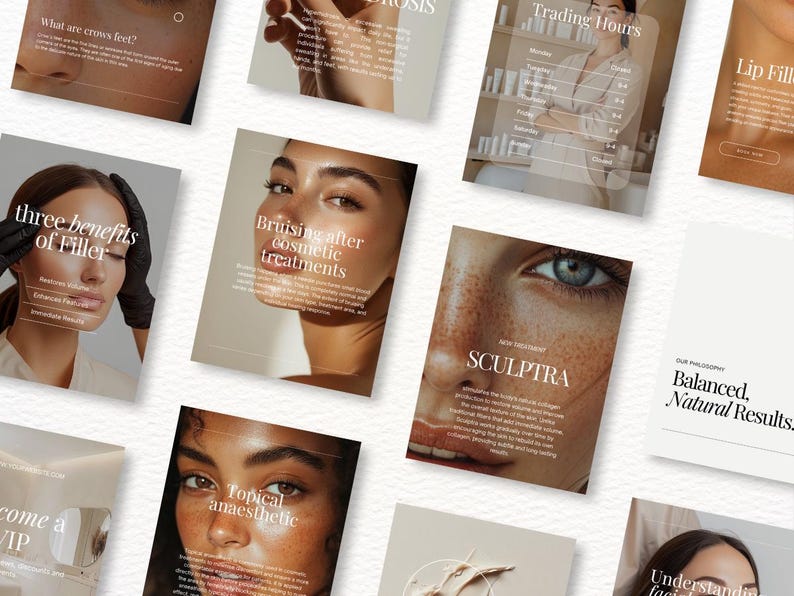 K&ouml;nnte beinhalten: Eine Sammlung von Werbekarten mit Informationen zu Sch&ouml;nheitsbehandlungen. Die Karten zeigen Nahaufnahmen von Gesichtern und Text wie "What are crows feet?", "Bruising after cosmetic treatments" und "SCULPTRA".