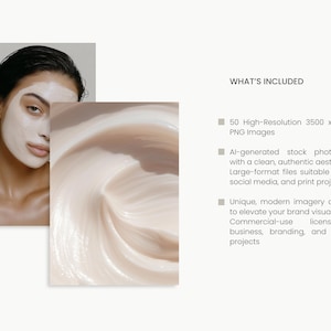 Pode incluir: A imagem apresenta uma mulher com uma m&aacute;scara facial e um close-up de um produto cremoso para a pele. O texto no lado direito da imagem diz "WHAT'S INCLUDED" e lista os recursos do produto, incluindo imagens PNG de alta resolu&ccedil;&atilde;o e licen&ccedil;a de uso comercial.
