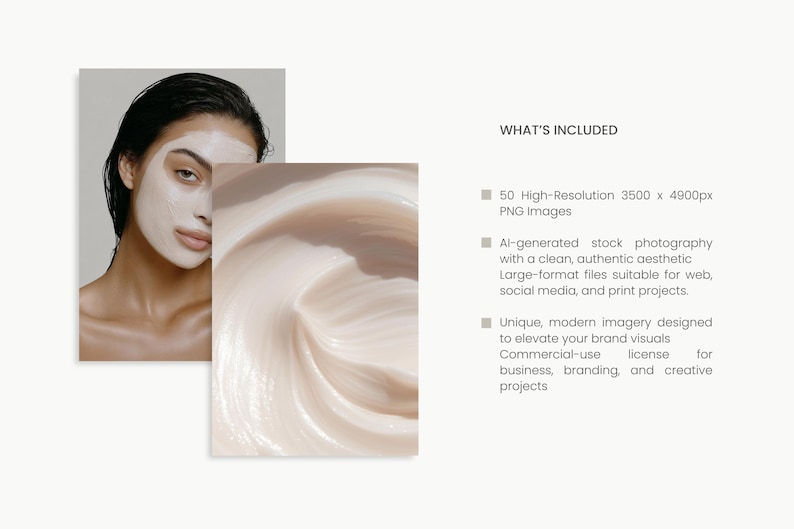 Pode incluir: A imagem apresenta uma mulher com uma m&aacute;scara facial e um close-up de um produto cremoso para a pele. O texto no lado direito da imagem diz "WHAT'S INCLUDED" e lista os recursos do produto, incluindo imagens PNG de alta resolu&ccedil;&atilde;o e licen&ccedil;a de uso comercial.