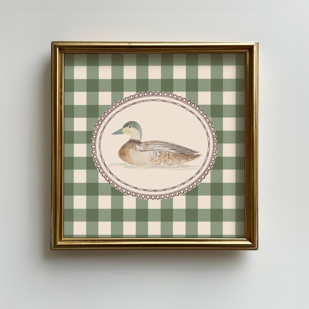 Vintage Mallard Duck Square Print, Green Gingham Farmhouse Wall Art ...