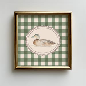 Vintage Mallard Duck Square Print, Green Gingham Farmhouse Wall Art, Nursery, Living Room, Kitchen Decor, Digital downloadable wall art