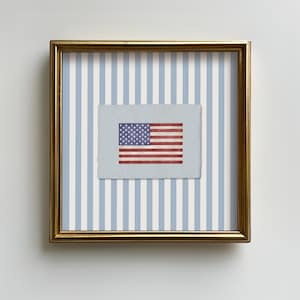 ヴィンテージのアメリカ国旗水彩画の正方形プリント、ブルーのストライプのアメリカーナ独立記念日の壁飾り、アメリカの独立記念日の壁アート、即時ダウンロード