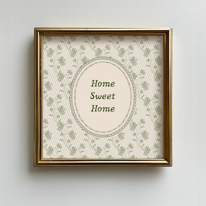 Vintage Green Floral Home Sweet Home Square Print, Digital Download Printable Wall Art, Trendy Cozy Decor, Living Room, Kitchen, Entryway