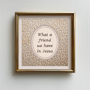 Bring faith and vintage beauty to your home with this printable featuring the hymn quote "What a Friend We Have in Jesus" over an elegant vintage floral tapestry background. Perfect Christian wall decor and instant download for easy printing.