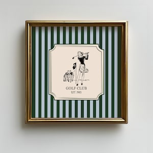 Vintage Golf Cart Square Print, Blue Green Striped Wall Art, Old Money, Game Room, Playroom, Country Club, Printable Digital Download