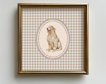 Golden Retriever Square Print: Vintage Beige Gingham Nursery Art (Digital Download)