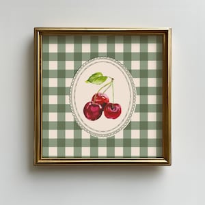 Vintage Cherries Square Print, Green Gingham Wall Art, Retro Cottagecore Kitchen Wall Decor, Digital Download Printable Wall Art