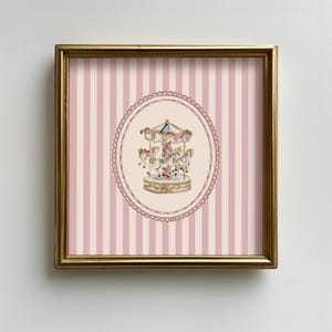 Vintage Carousel Pink Striped Wall Print, Cottage Girl Nursery Wall Art, Retro Nursery Decor Digital Download Nursery Square Art Print