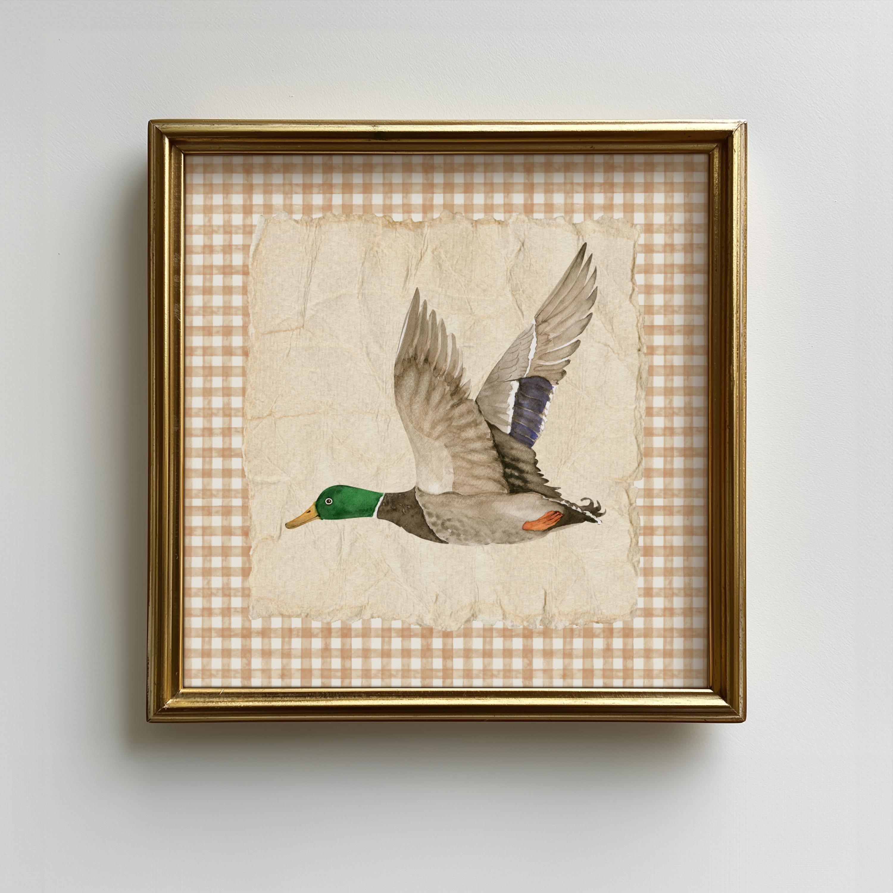 Vintage Mallard Duck Gingham Square Print, Trendy Decor, Bird Watercolor illustration, Living Room, Retro Nursery Decor Digital Download Art