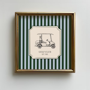 Vintage golfkar vierkante print, blauwgroen gestreepte muurkunst, oud geld, gameroom, speelkamer, countryclub, afdrukbare digitale download