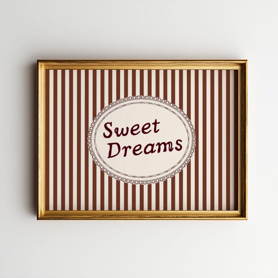 Sweet Dreams Art Print: Vintage Brown Striped Bedroom Wall Decor (Digital Download)