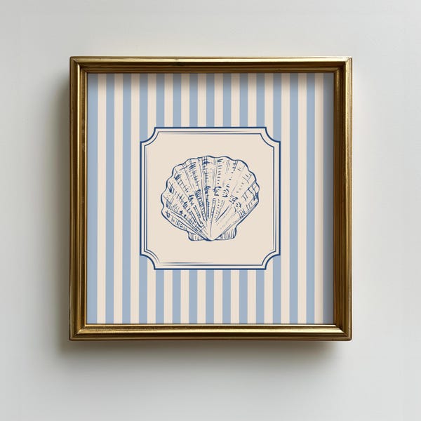 Vintage Ocean Shell Print: Blue Striped Coastal Seashell Wall Decor (Digital Download)