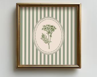 Imprimé floral tanaisie vintage carré : oeuvre d'art murale florale botanique à rayures vertes (téléchargement numérique)