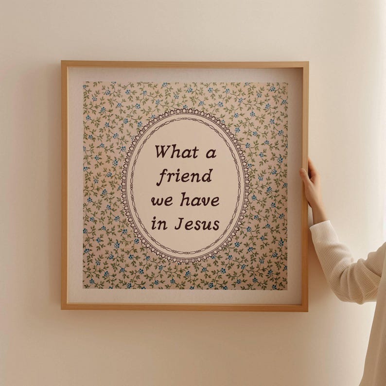 Bring faith and vintage beauty to your home with this printable featuring the hymn quote "What a Friend We Have in Jesus" over an elegant vintage floral tapestry background. Perfect Christian wall decor and instant download for easy printing.